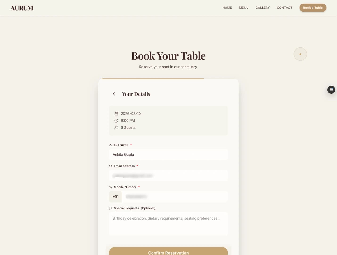Café and restaurant reservation management dashboard